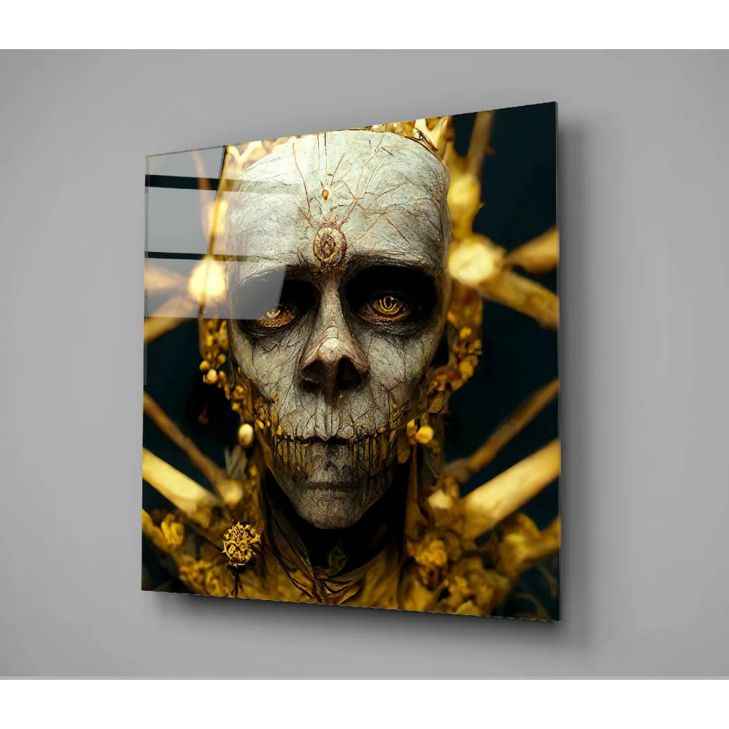Golden skull glass wall art with radiant embellishments