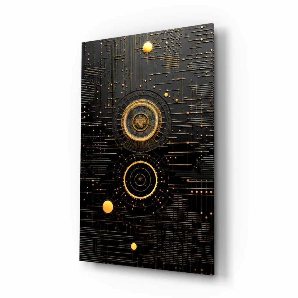 Stunning black gold circuit glass wall art with intricate patterns
