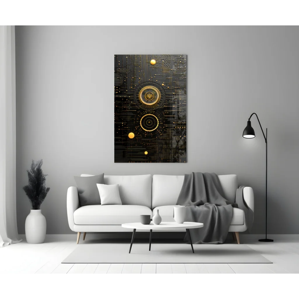 Stunning black gold circuit glass wall art with concentric circles on dark canvas