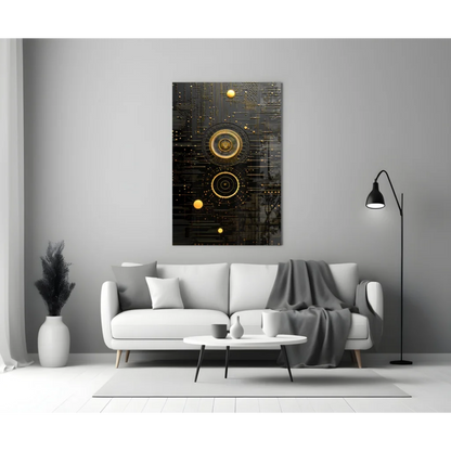 Stunning black gold circuit glass wall art with concentric circles on dark canvas