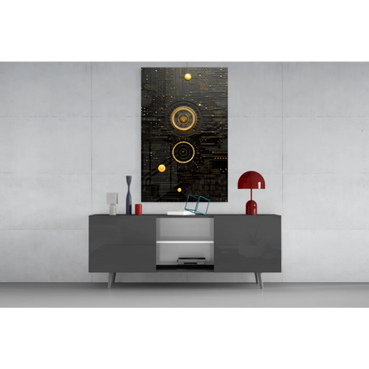 Stunning black gold circuit glass wall art with glowing patterns