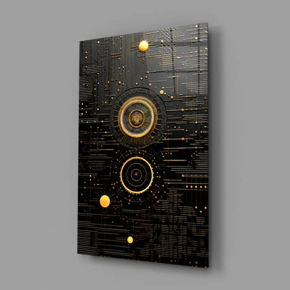 Stunning black gold circuit glass wall art canvas with glowing orbs