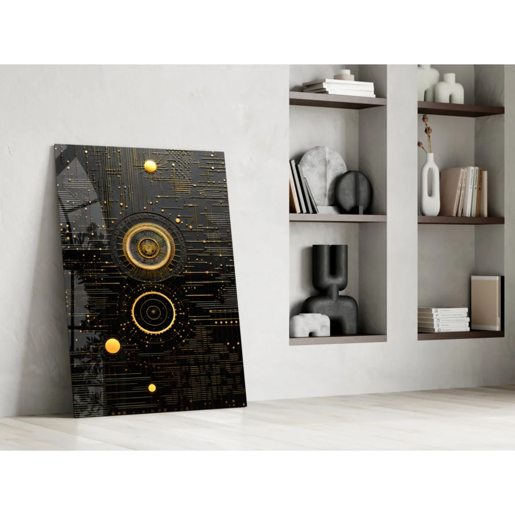 Stunning black gold circuit glass wall art with glowing orbs