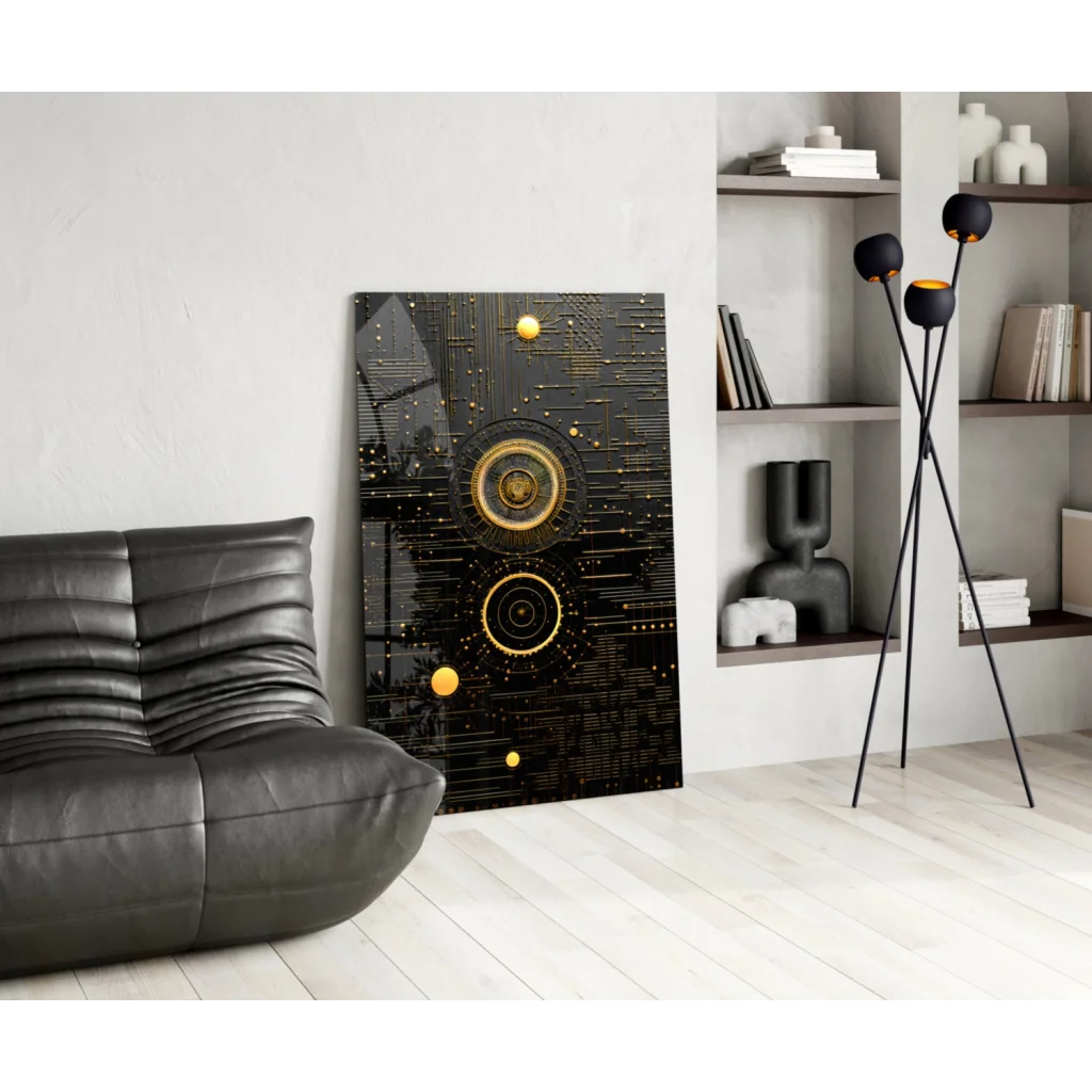 Stunning black gold circuit glass wall art with concentric circles and glowing orbs