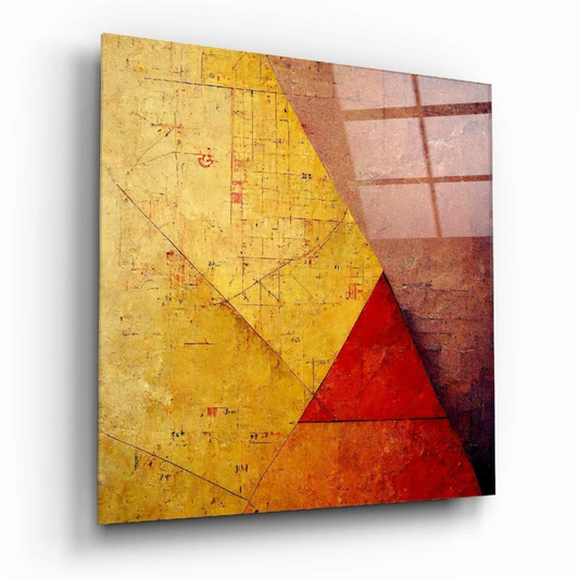 Bold geometric glass wall art with textured red and gold sections