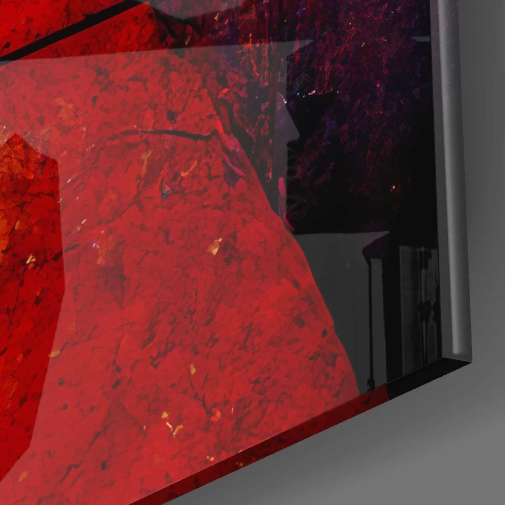 Vibrant red textured glass wall art with bold geometric gold accents