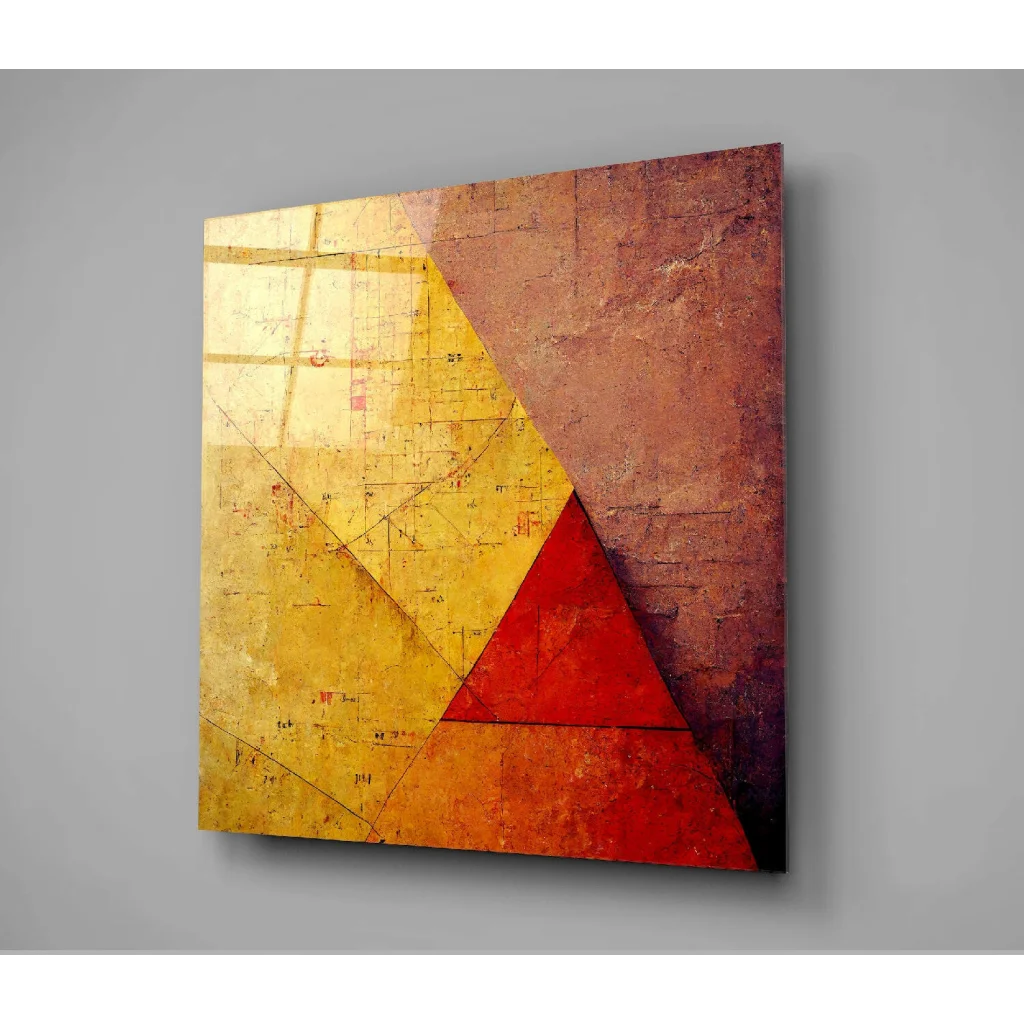 Bold geometric glass wall art with textured red and gold triangles