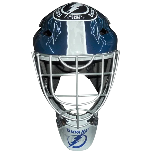 Andrei Vasilevskiy autographed Tampa Bay Lightning blue and white goalie mask with lightning bolts, JSA witness