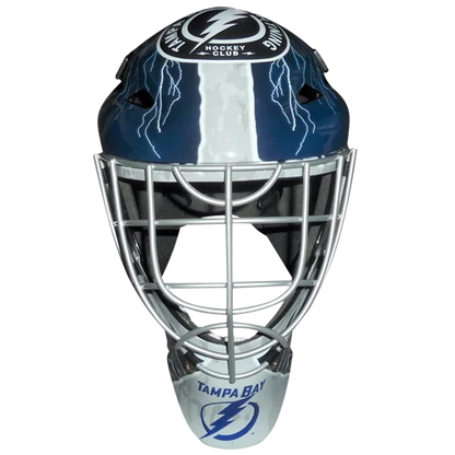 Andrei Vasilevskiy autographed Tampa Bay Lightning blue and white goalie mask with lightning bolts, JSA witness