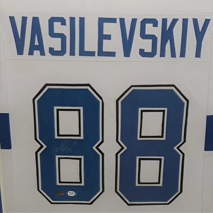 Autographed Tampa Bay Lightning Vasilevskiy white #88 deluxe framed jersey