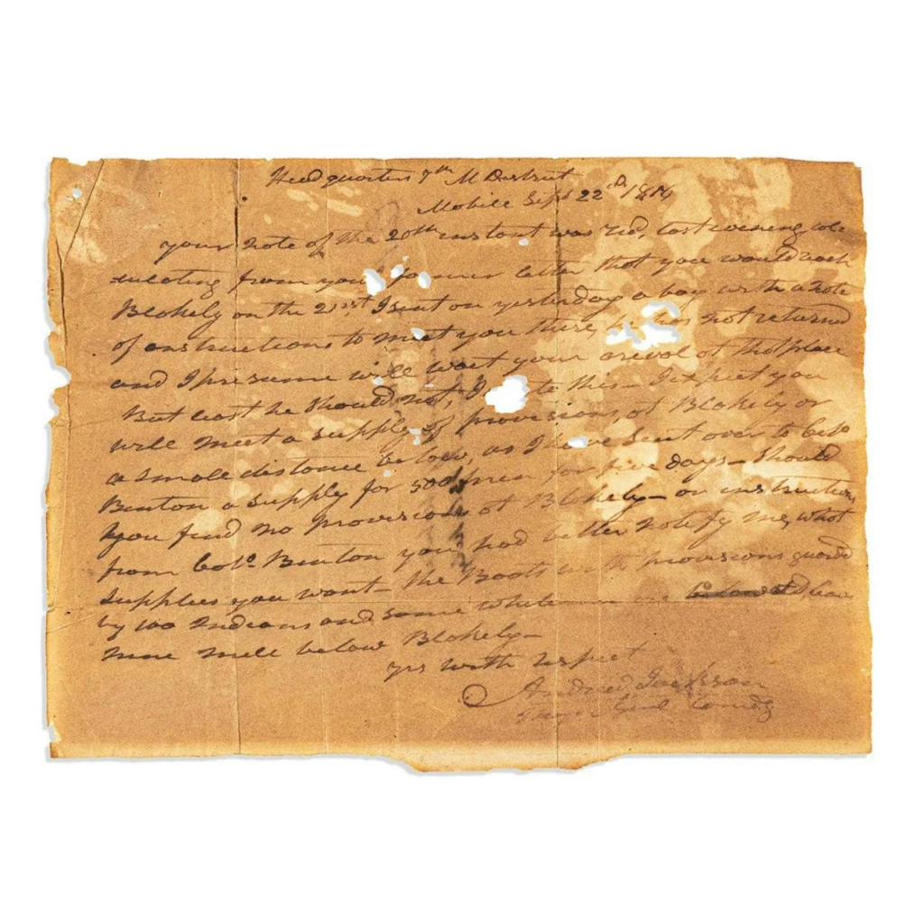 Andrew Jackson handwritten letter on aged paper from Fort Bowyer victory