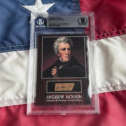 Limited edition Andrew Jackson trading card with autograph, portrait, and handwritten letter from Fort Bowyer victory