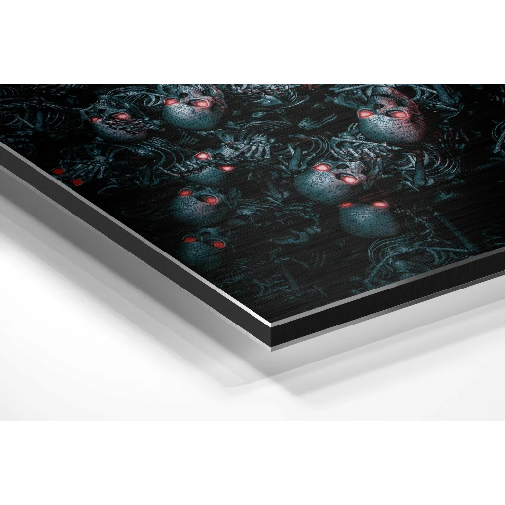 Stunning brushed aluminium dibond wall art with red-eyed skulls