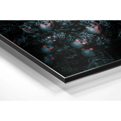Stunning brushed aluminium dibond wall art with red-eyed skulls