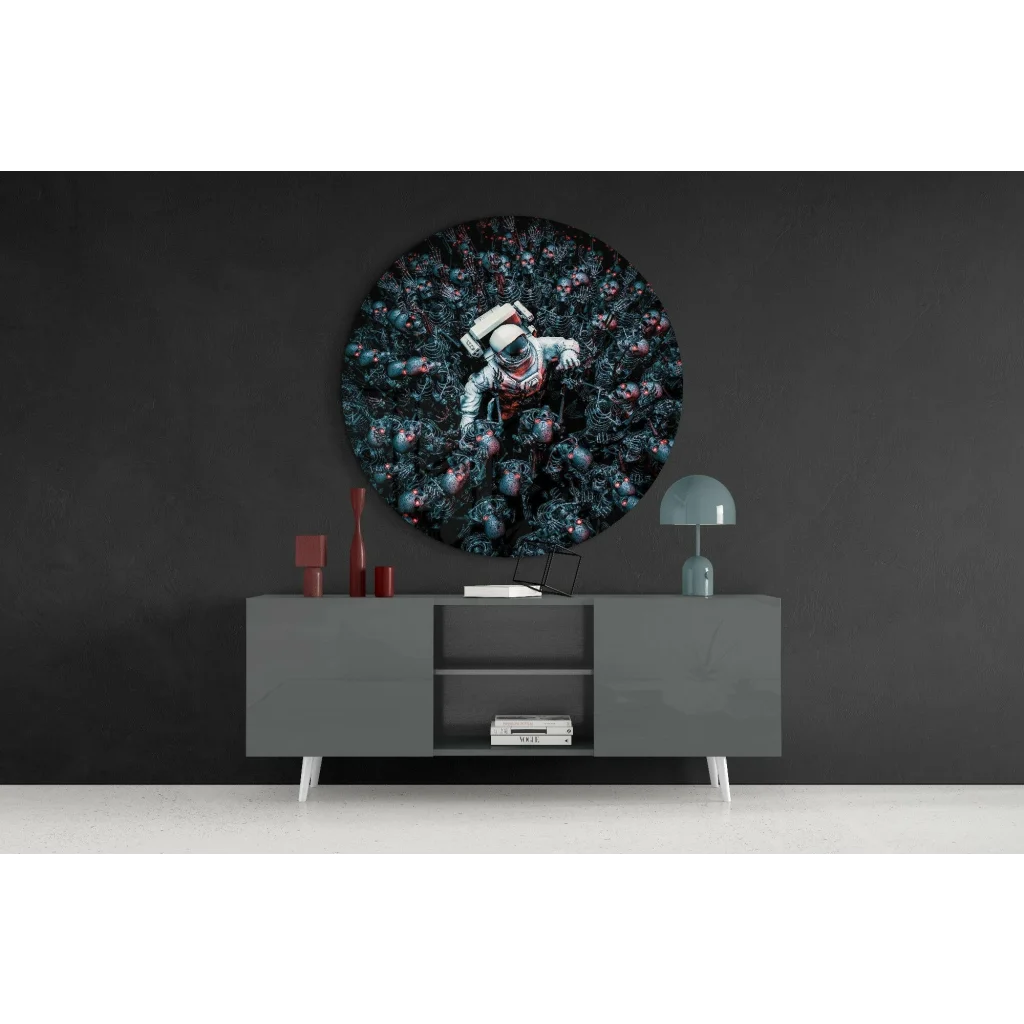 Teal black astronaut skeleton swarm in tempered glass art wall clock