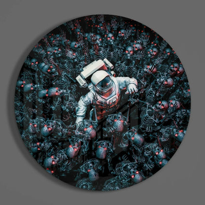 Haunting astronaut with red-eyed skeletons on tempered glass art wall clock