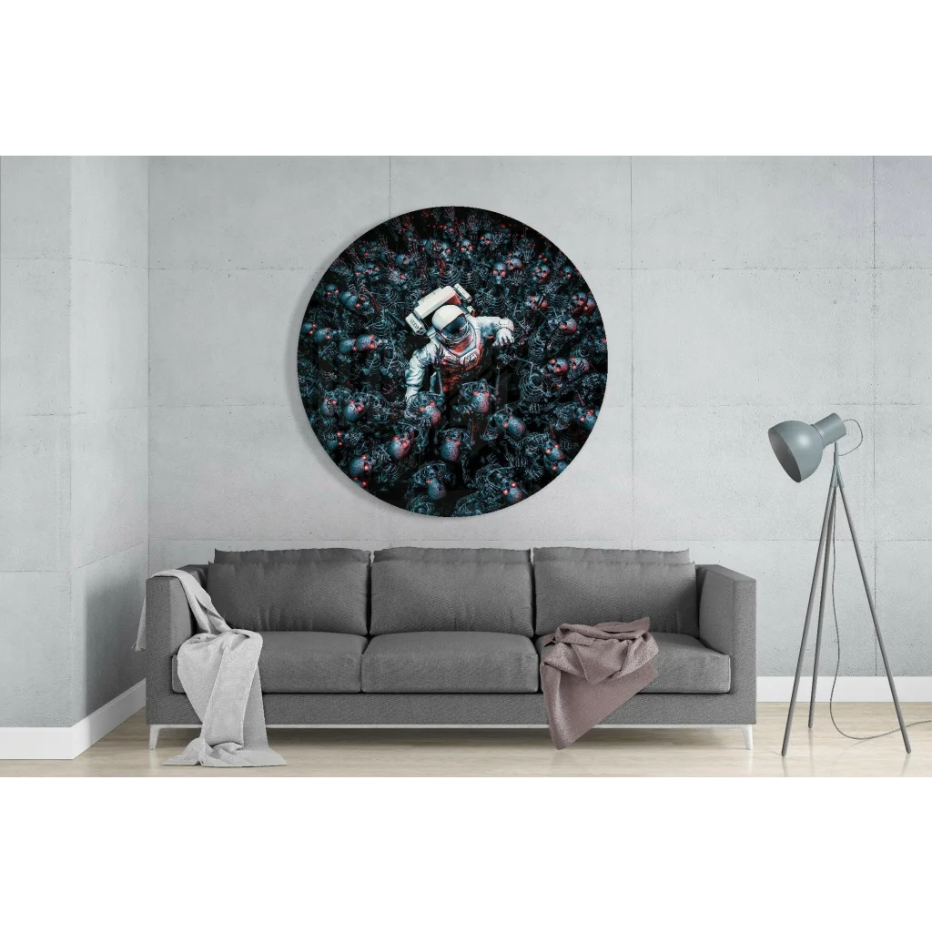 Astronaut skeleton swarm in tempered glass art wall clock