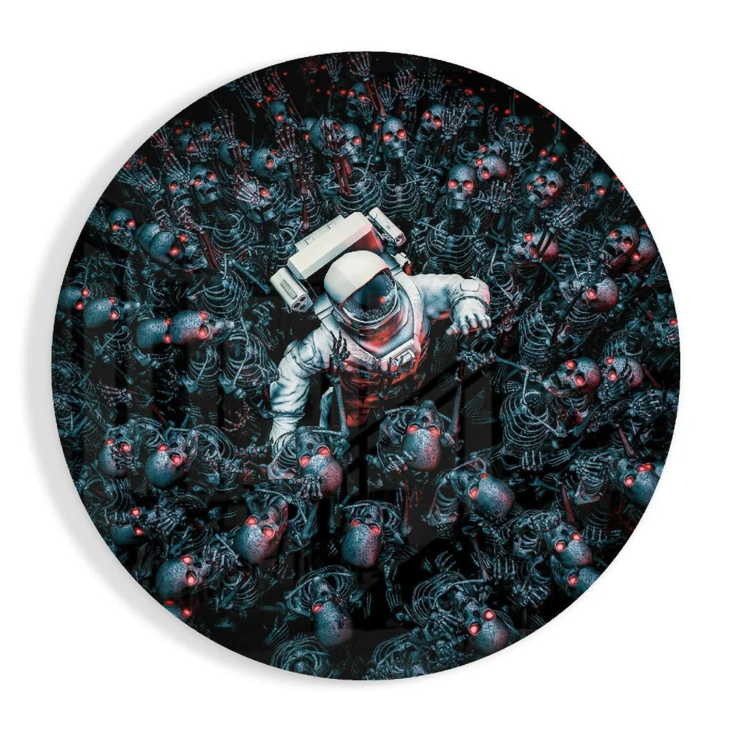 White astronaut with red-eyed skeleton swarm in tempered glass art clock