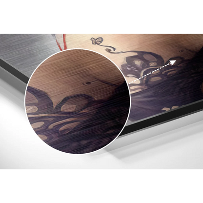 Stunning brushed aluminium dibond art with dark wood-grain swirls in purples and browns