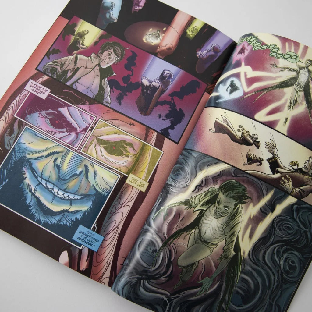 Open comic book with colorful illustrations from Andy Biersack Black Veil Brides graphic novel