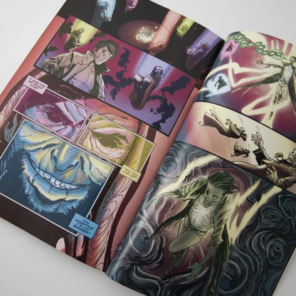 Open comic book with colorful illustrations from Andy Biersack Black Veil Brides graphic novel