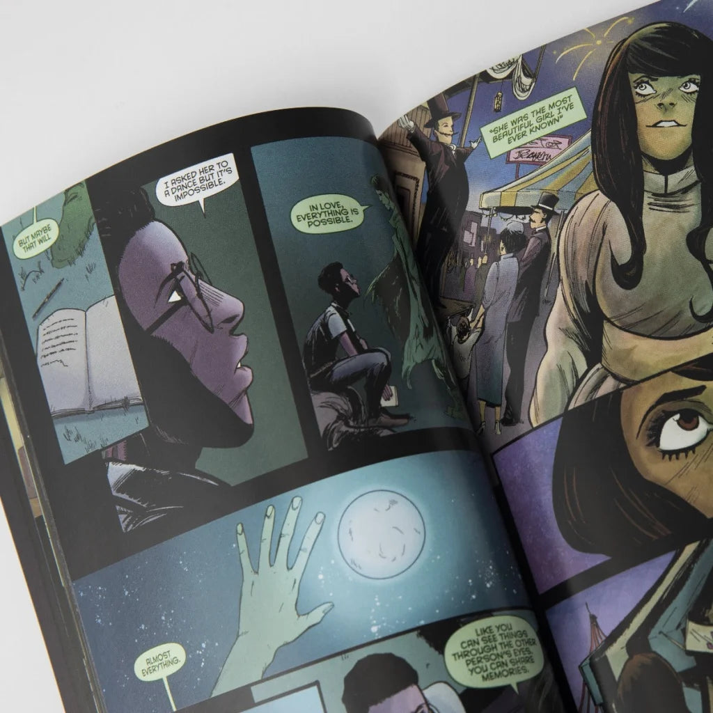 Open comic book with colorful illustrations from Andy Biersack Black Veil Brides graphic novel