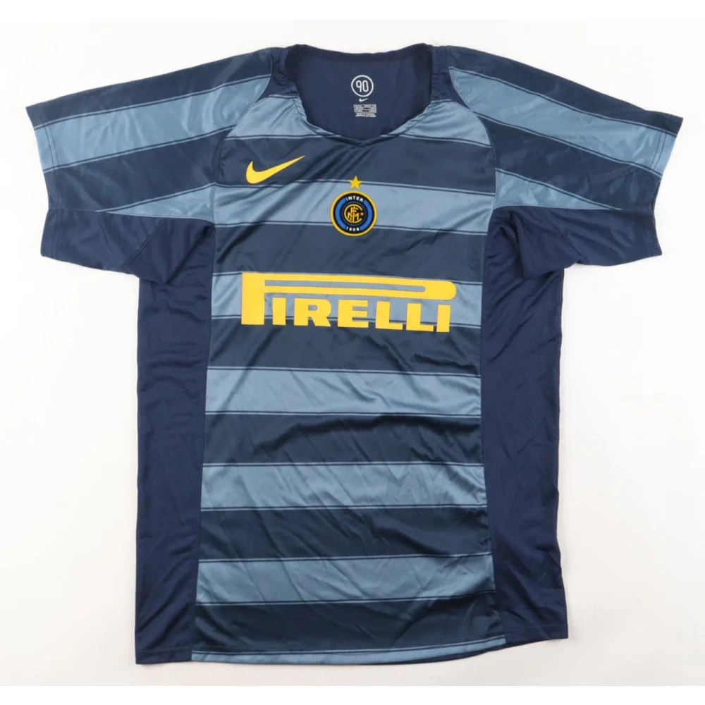 Blue and grey striped Inter Milan jersey with yellow accents, signed by Andy Van Der Meyde