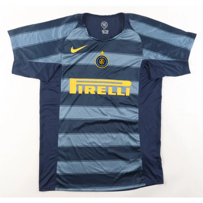 Blue and grey striped Inter Milan jersey with yellow accents, signed by Andy Van Der Meyde
