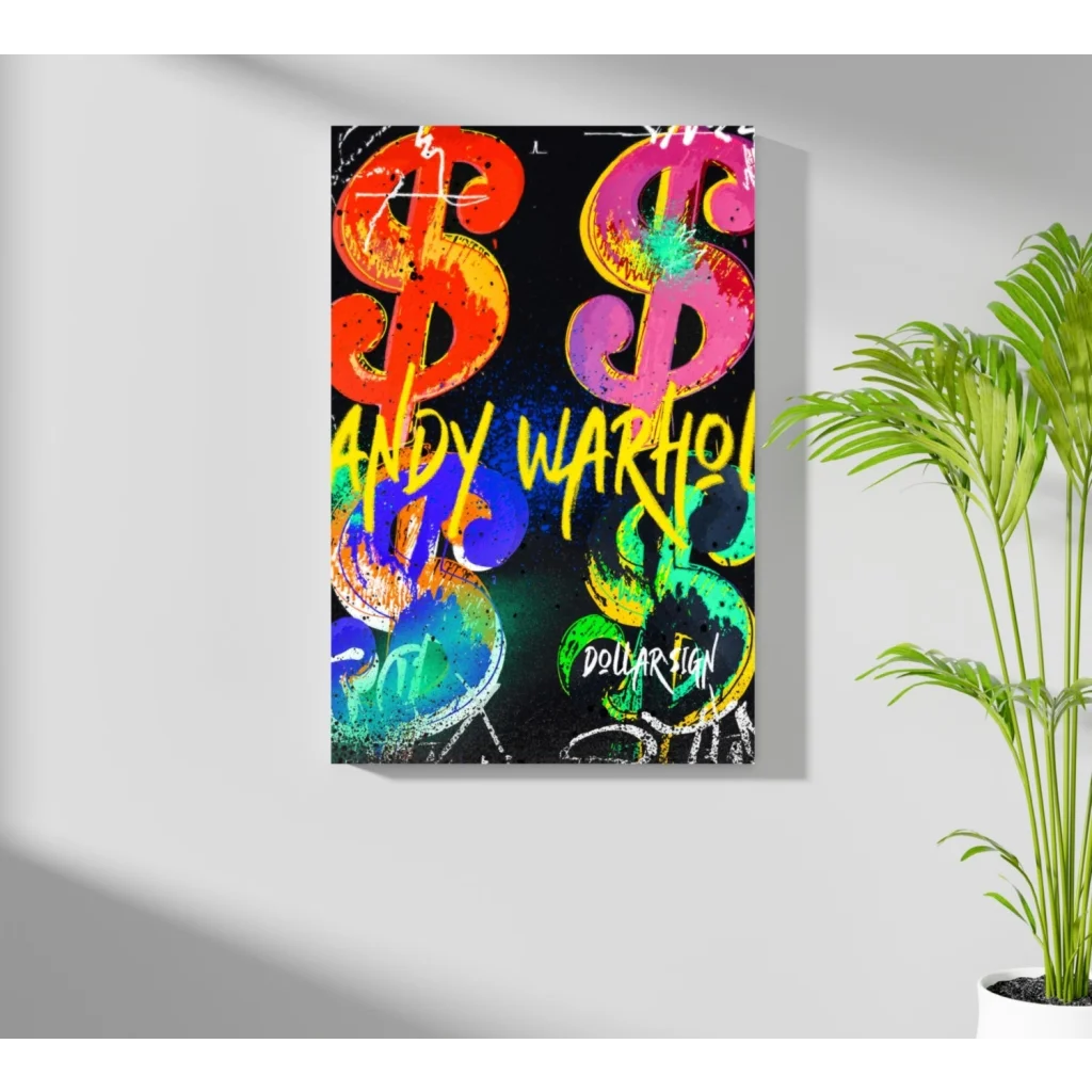 Vibrant graffiti-style insigne aluminum print of neon dollar signs with Andy Warhol signature