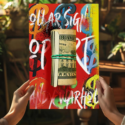 Vibrant red Insigne Aluminum Prints graffiti art with dollar signs, Andy Warhol, and $10 bills