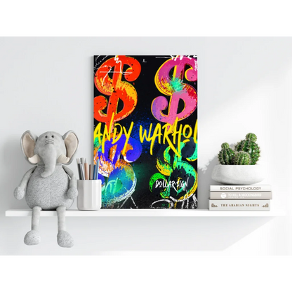 Vibrant dollar sign graffiti on insigne aluminum prints by Andy Warhol
