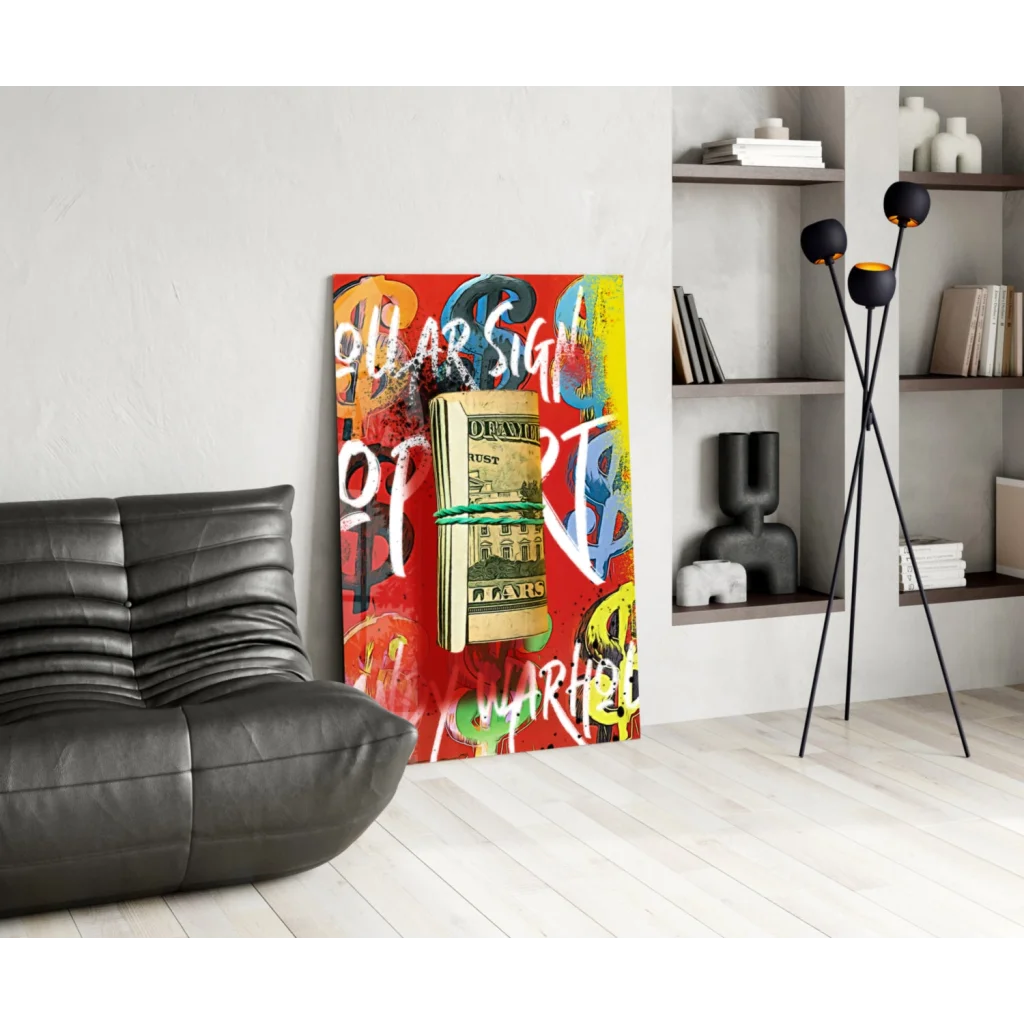 Vibrant graffiti glass wall art of stacked green dollar bills