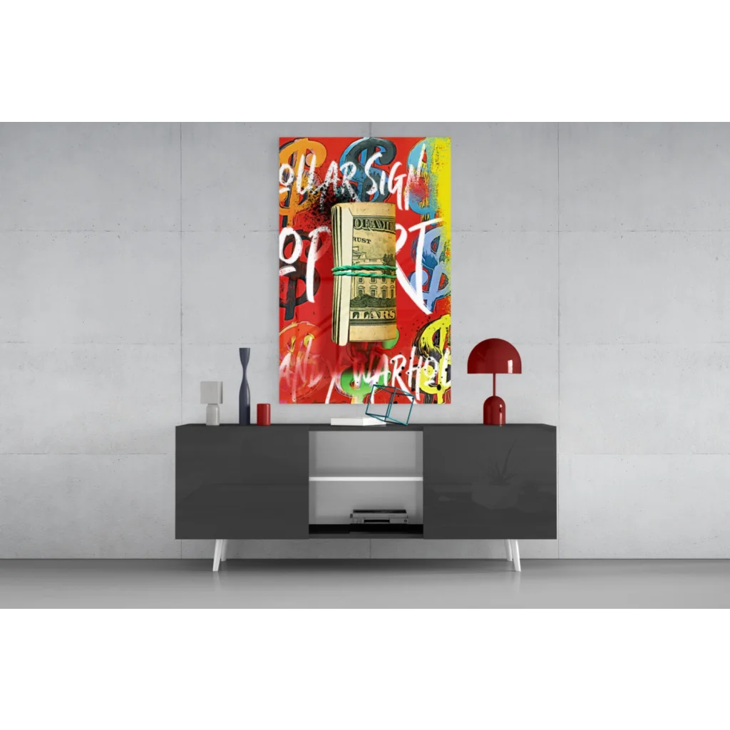 Vibrant glass wall art of stacked dollar bills and graffiti