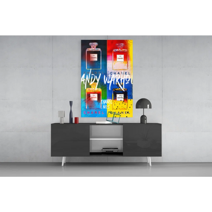 Vibrant Warhol-style wall art of Chanel perfume bottles