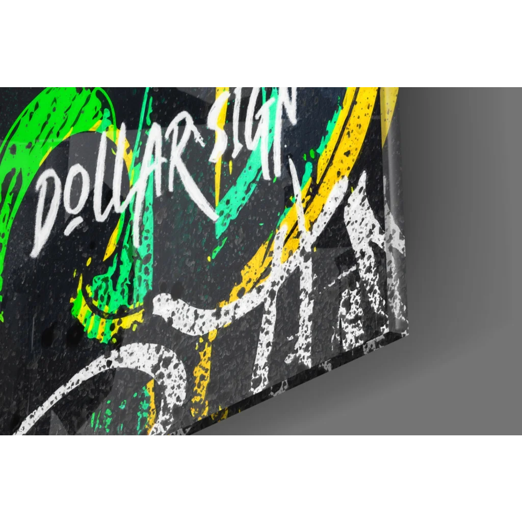 Black graffiti dollar sign on glass wall art in rainbow colors