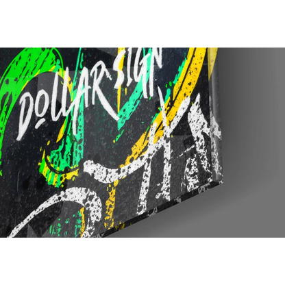 Black graffiti dollar sign on glass wall art in rainbow colors