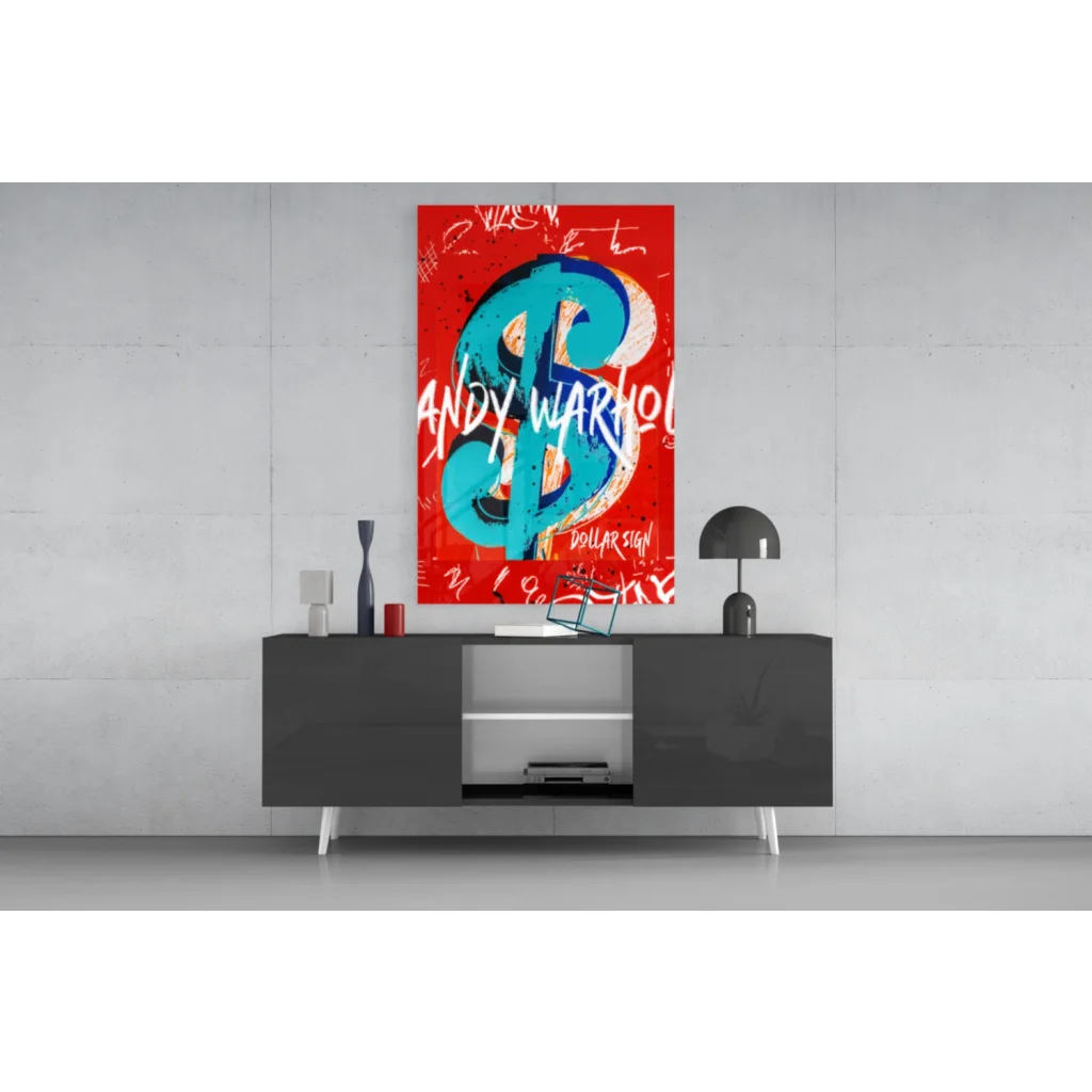 Andy Warhols iconic turquoise dollar sign on vibrant red glass wall art