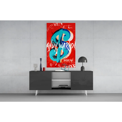 Andy Warhols iconic turquoise dollar sign on vibrant red glass wall art
