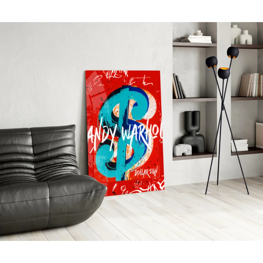 Andy Warhol-inspired glass wall art with turquoise dollar sign