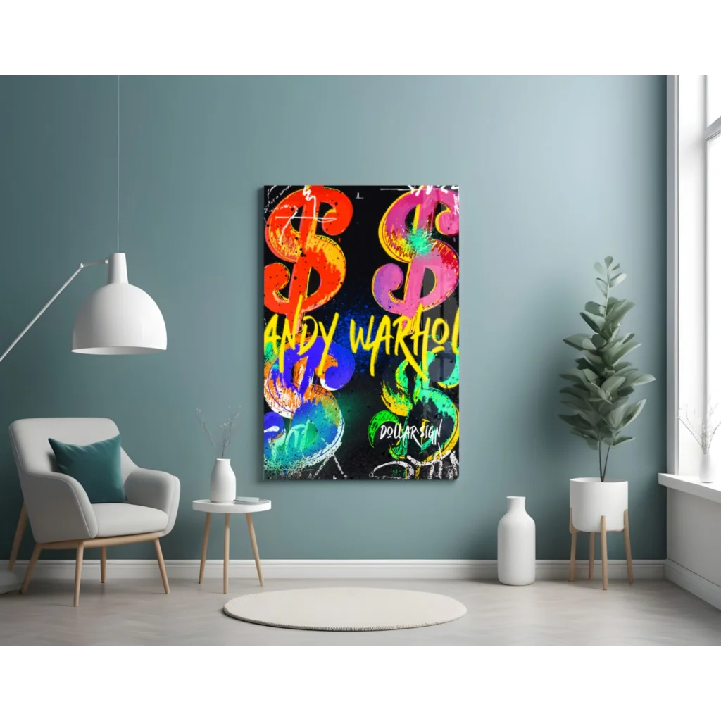 Pop Art Dollar Sign Glass Wall Art in Rainbow Colors | Contemporary Home Wall Art | vintageantiquesgifts.com