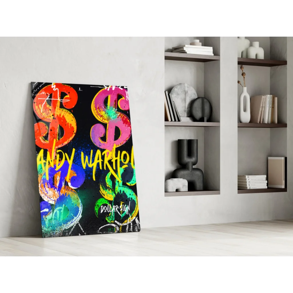 Vibrant rainbow Pop Art dollar sign glass wall art by Andy Warhol
