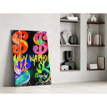 Vibrant rainbow Pop Art dollar sign glass wall art by Andy Warhol