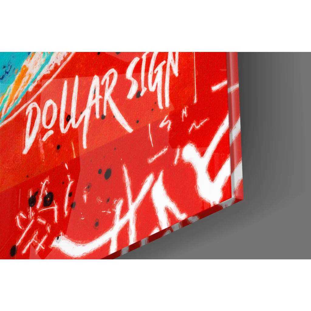 Vibrant red acrylic glass wall art panel with white graffiti lettering and black splatters