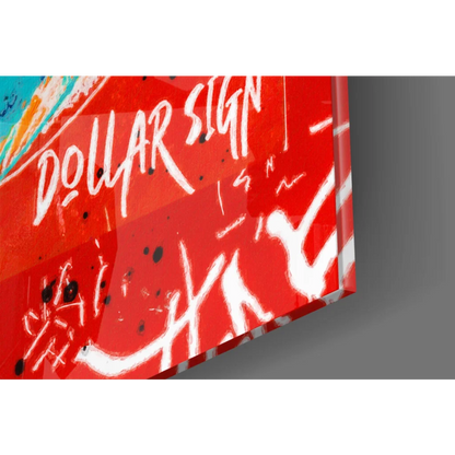 Vibrant red acrylic glass wall art panel with white graffiti lettering and black splatters
