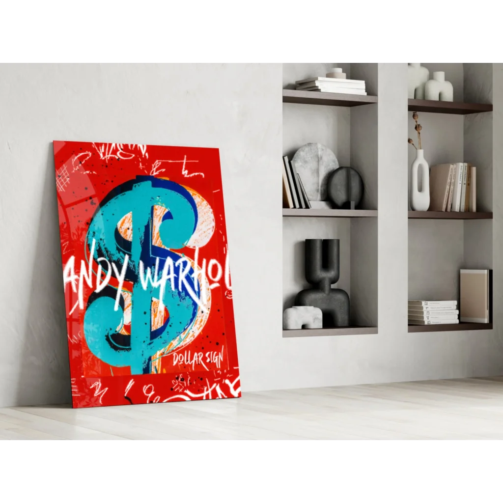 Vibrant Andy Warhol pop art glass wall print with red canvas and blue dollar sign