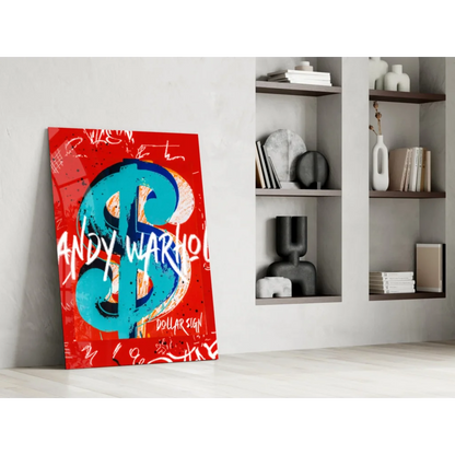 Vibrant Andy Warhol pop art glass wall print with red canvas and blue dollar sign