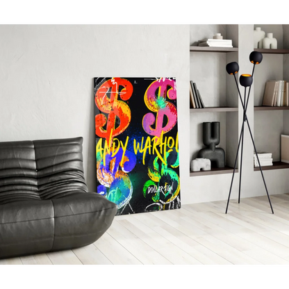 Vibrant rainbow pop art dollar sign glass wall art in Warhol style