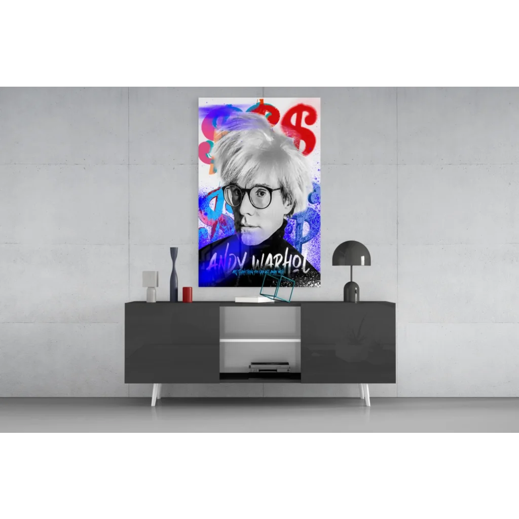 Vibrant Warhol Dollar Sign pop art glass wall art with red blue graffiti splashes