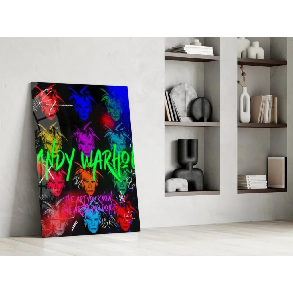 Vibrant Neon Warhol pop art glass wall art with bold graffiti lettering
