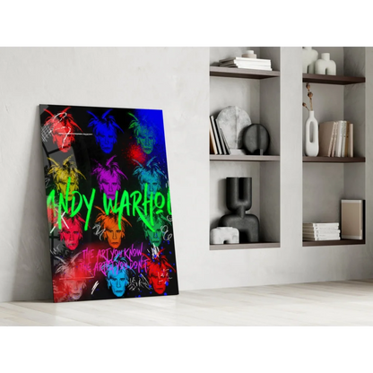 Vibrant Neon Warhol pop art glass wall art with bold graffiti lettering